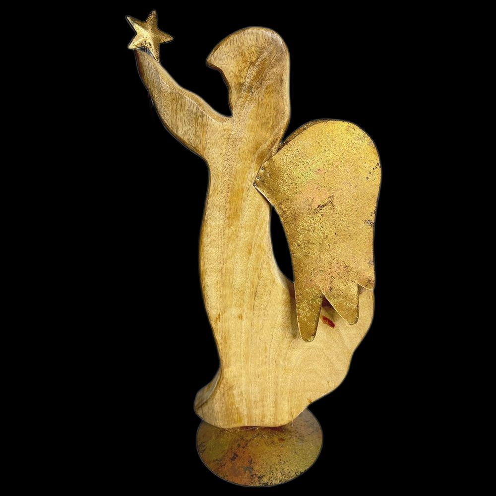 Vintage 5” Natural Mango Wood Angel w/Gold Star and Wings Figurine Christmas